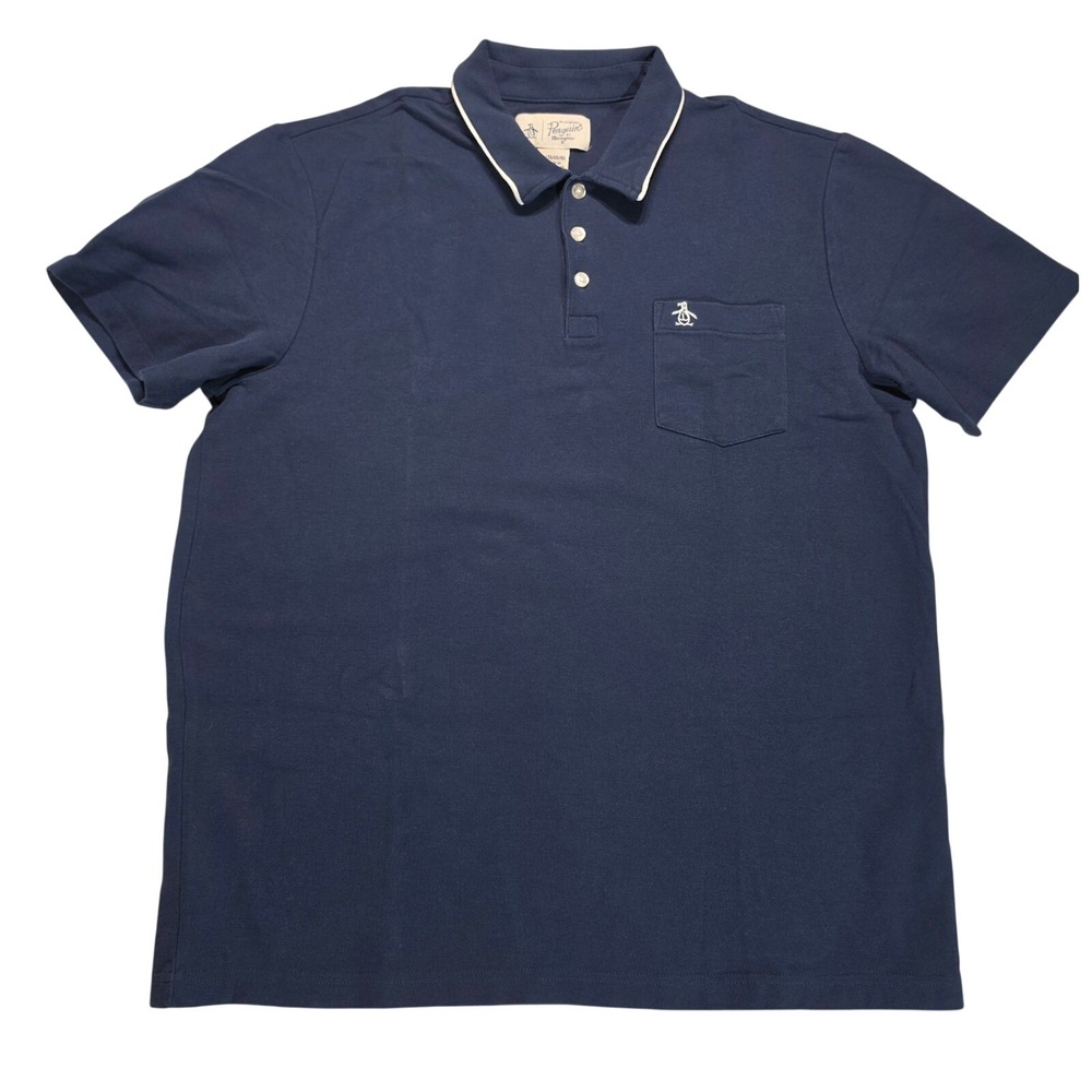 Original Penguin Mens Navy Blue Pique Cotton Polo Shirt XL Short Sleeve Pocket